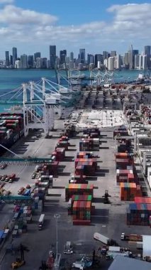 Miami Limanı 'nın havadan görünüşü kıtalararası büyük liman. Dikey video.