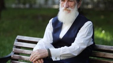 Uzun beyaz sakallı ve siyah yelekli yaşlı bir adam parktaki bankta sessizce oturuyor, elleri katlı, yeşil bir açık havada huzur ve bilgelik yayıyor..