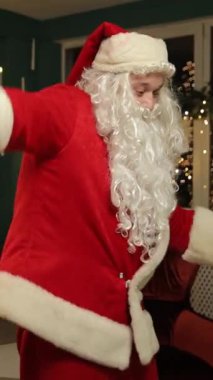 Noel Baba mutlu bir şekilde Noel ışıklarıyla dans eder neşeli ve şen bir kış havası yaratır..