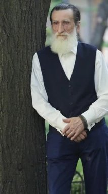 Ağaçların yanında duran beyaz sakallı yaşlı bir adam ve güneşli bir parkta demirden bir çit, sakinliğini ve sessizliğini gösteriyor. Dikey video.