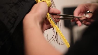 Bir kuaförün yakın plan görüntüsü. Elleri, müşterinin ıslak saçlarını makas ve tarakla kesiyor.