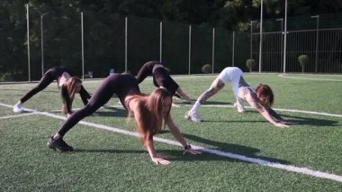 Bir grup atletik kadın senkronize yoga sınıfında yapay çim tarlasında esniyorlar.