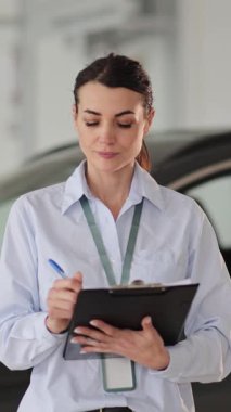 Kadın sigorta müfettişi bir aracı teftiş ediyor ve atölyede talep formu dolduruyor.