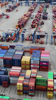 Kargoyu düzenleyen ve hareket ettiren vinçleri olan yoğun bir konteynır terminalinin hava görüntüsü