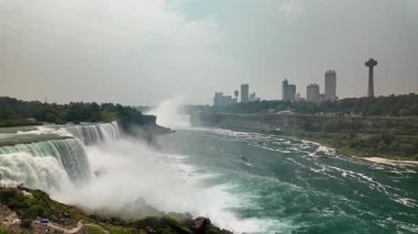 Niagara Şelalesi 'nin panoramik manzarası nehrin karşısındaki güçlü şelaleyi ve ontario şehrini gösteriyor.