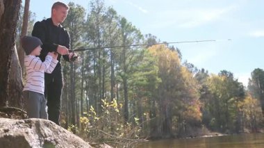 Genç bir baba oğluna ormanda güzel bir gölün kenarında nasıl olta kullanılacağını öğretiyor.