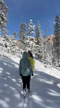 Bir grup arkadaş güneşli bir kış günü karlı bir dağ yolunda birlikte yürüyorlar.
