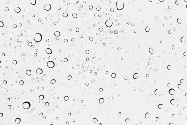 Su arka plan damla. Su cam pencere üzerinde üzerinde mavi gökyüzü düşüyor.