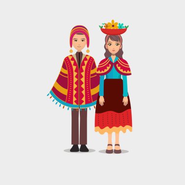 Geleneksel And kıyafetleri giyen Perulu bir erkek ve kadının renkli vektör çizimi. Karakterlerde kırmızı, sarı ve mavi desenli canlı dokuma kumaşlar, panço, chullo şapka ve çiçekli dekoratif başlık yer alıyor..