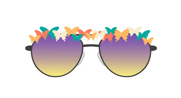 Διάνυσμα. Κομψό hippie γυαλιά ηλίου, διακοσμημένα με πεταλούδα. Απομονωμένες εικονογράφηση. Κατάλληλο για ρούχα - t-shirt Εκτύπωση - ή web διακόσμηση — Διανυσματικό Αρχείο