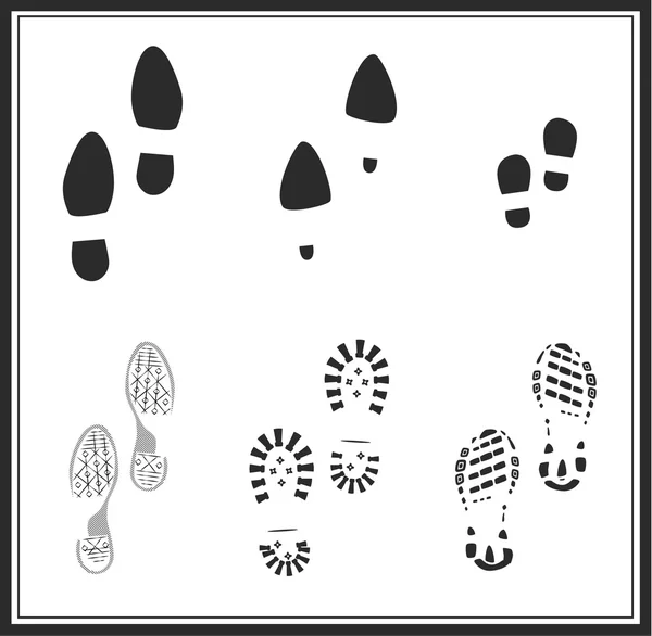 Vector. shoe print silhouette. Set of footprints: sports running shoes, skating footwear, classic shoes, child footprints, female footprints, male footprints, boots print. Isolated illustration. — Stock Vector