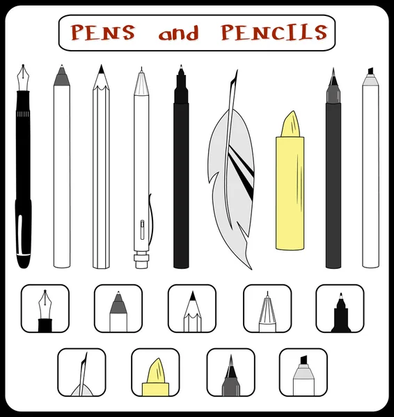 Vector. Set of 9 artist pens and pencils. Pencil, point pen, fountain pen, ballpoint pen, brush pen, calligraphy pen, rollerball pen, marker, crayon. Isolated illustration — Stock Vector