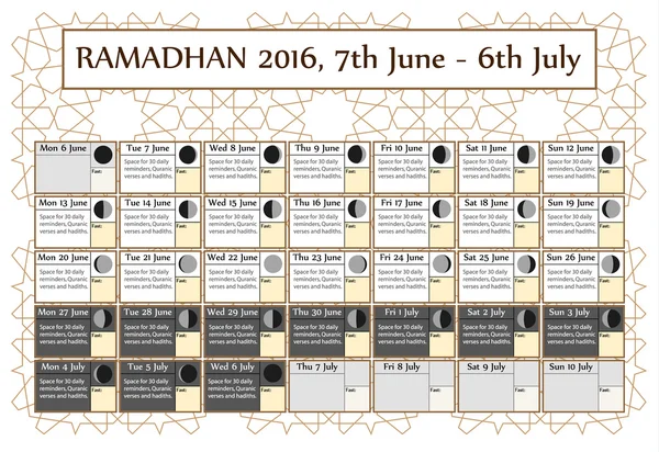 Calendário Ramadã 2016, 7 de junho. Escolha: 3 de 3. Inclui: calendário de carrapatos de jejum, fases do ciclo da lua, citações Ramadan. 30 dias de Ramadã em fundo branco com padrão islâmico. Ilustração vetorial — Vetor de Stock