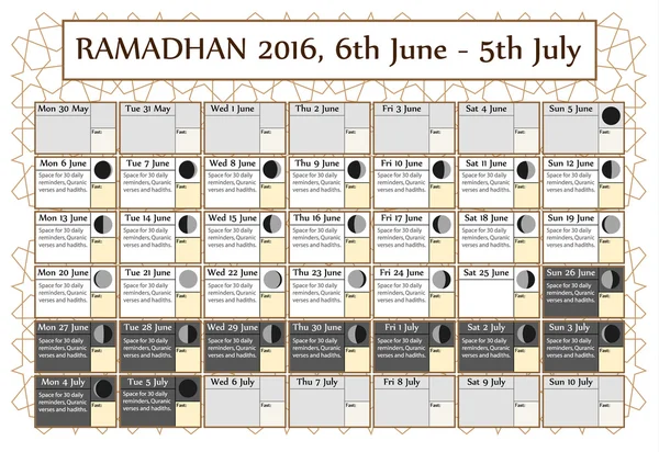 Calendário Ramadã 2016, 6 de junho. Escolha: 2nd of 3. Inclui: calendário de carrapatos de jejum, fases do ciclo da lua, citações Ramadan. 30 dias de Ramadã em fundo branco com padrão islâmico. Ilustração vetorial — Vetor de Stock