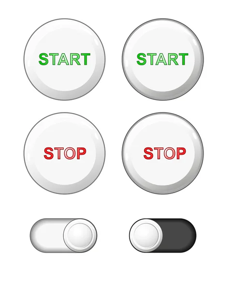 Vektor. Tastenkombination. weißer Kunststoff runde solide Knöpfe. Web-Buttons Symbole für das Internet: Start-Taste, Stop-Taste, Slide-Taste -Schieberegler bar-. plus gedrückte Tasten. — Stockvektor