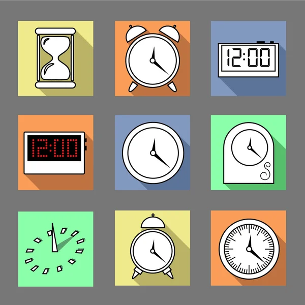 Vector. Set of graphic clocks icons. Sun clock, digital clock, table clock, alarm clock, sand clock. Isolated illustration Royalty Free Stock Vectors