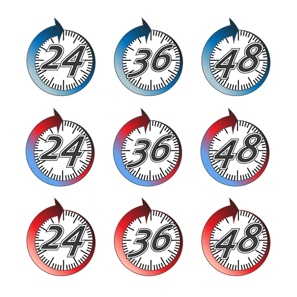 Vector. Time duration. Signs showing how long any product effect or service lasts. Choice of 24 hours, 36 hours or 48 hours. Isolated illustration — Stock Vector