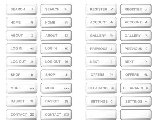 Vector.Isolated white bar web buttons. Plastic buttons icons for internet: search button, home button, shop, log in button, log out button, gallery button, contact button, basket button.Plus pushed buttons — стоковый вектор