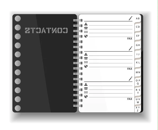 Vector. Papelaria. Um diário de bolso aberto, caderno, bloco de notas, organizador, diário. Contatos e informações pessoais. Isolado ilustração. Páginas em branco —  Vetores de Stock