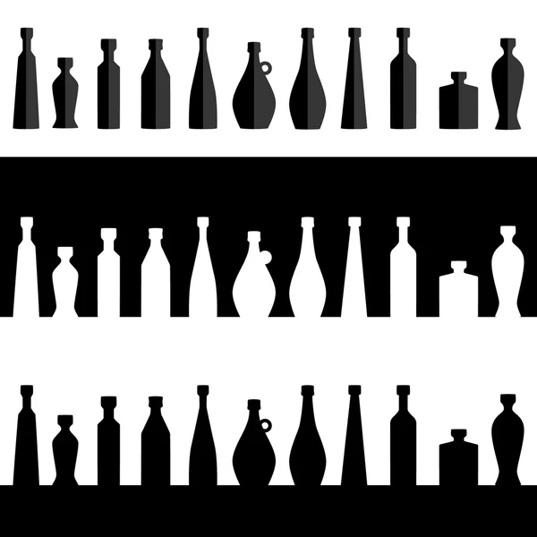 Vektör. Şişe sıra silueti. Bir şişe seti. Düz tasarım. Yalıtılmış illüstrasyon. Farklı kaplar, şişeler. — Stok Vektör
