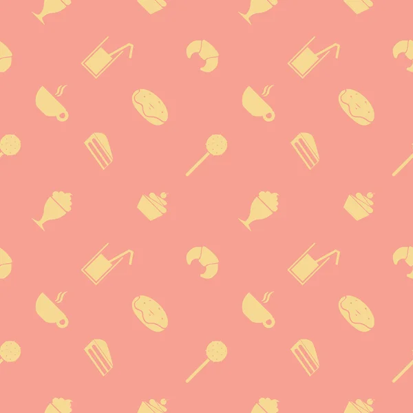 Süße nahtlose Muster. Partyspeisen und Desserts: Eis, Saft, Croissant, Lutscher, Cupcake, Eis am Stiel, Schokolade, Milchshake, Donut, Kuchen, Kuchen, Kaffee, Cappuccino. Vektor nahtloser Hintergrund flach — Stockvektor