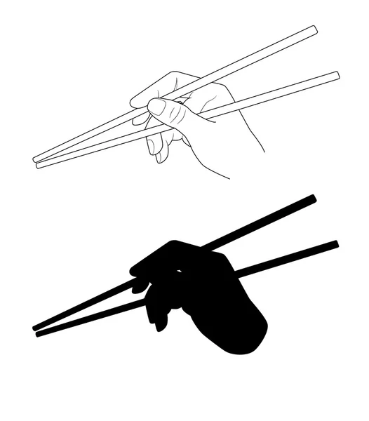 Vector. Una mano sosteniendo palillos. Cocina oriental. Ilustración aislada de palillos japoneses, coreanos, chinos para fideos, sushi, arroz y otros alimentos orientales. Palillos silueta . — Archivo Imágenes Vectoriales