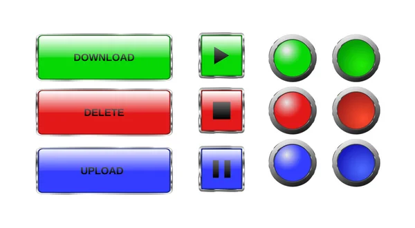 Vektor. isolierte Tasten. Glasknöpfe. Web-Button-Symbole für das Internet: Play-Taste, Stop-Taste, Pause-Taste, Download-Leiste, Upload-Leiste, Lösch-Leiste, runde Tasten. rot, blau, grün. plus gedrückte Tasten — Stockvektor