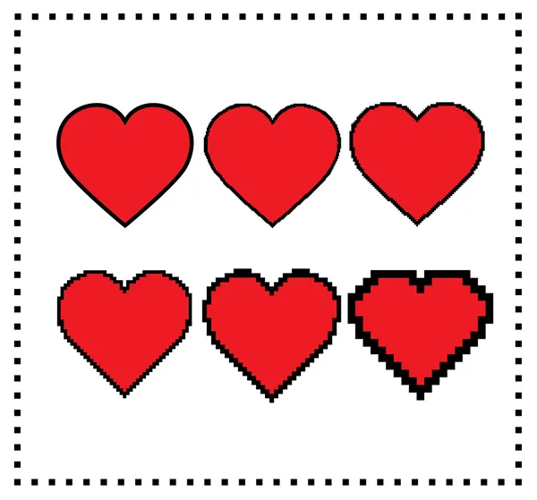 Coeurs Pixel Art. Taille de pixel différente : grand coeur de pixel, petit cœur de pixel. Élément graphique de mouvement. Coeurs pixel modifiables. Design de jeu. Illustration isolée des cœurs de pixel en trait. Vecteur . — Image vectorielle