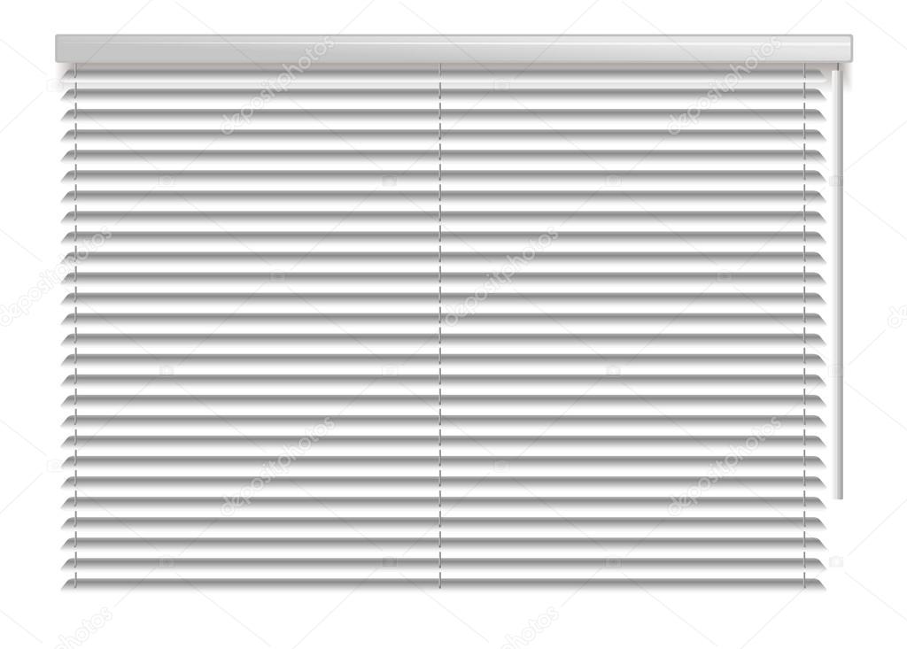 Horizontal window blind. White office interior blackout shade. Window
