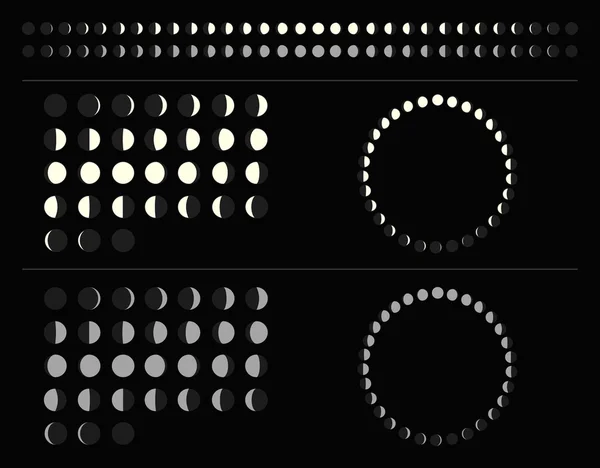 Conjunto de esquemas de fases da lua: círculo, linha, calendário lunar. Isolado ilustração. Vetor . —  Vetores de Stock