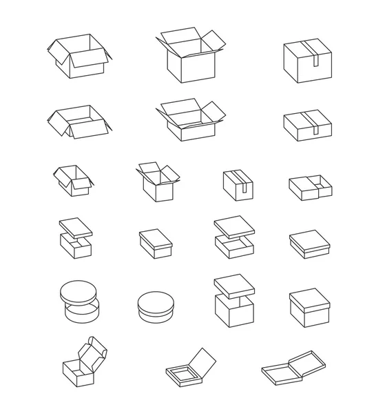 Scatole aperte e chiuse. Set di scatole di cartone. Imballaggio in cartone isolato su illustrazione bianca e semplice. Vettore. Scatola regalo, scatola della pizza, cassetta postale, scatola di scarpe . — Vettoriale Stock