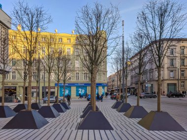 Poznan, Polonya. 02.15.2020: Poznan 'da Saint Marcin Caddesi. Ağaçlar sokağı..