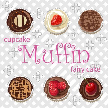 Gri hücrelerin ve şekillendirilmiş çiçeklerin arka planında farklı türde kekler, kekler ve peri pastaları.