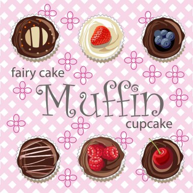 Gri hücrelerin ve şekillendirilmiş çiçeklerin arka planında farklı türde kekler, kekler ve peri pastaları.