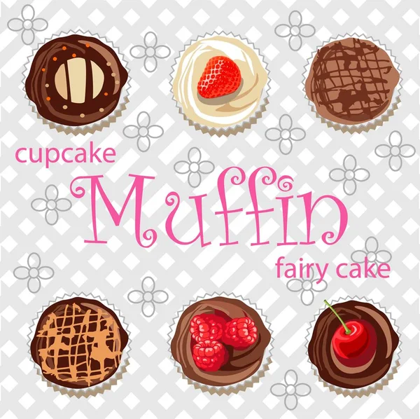 Gri hücrelerin ve şekillendirilmiş çiçeklerin arka planında farklı türde kekler, kekler ve peri pastaları.