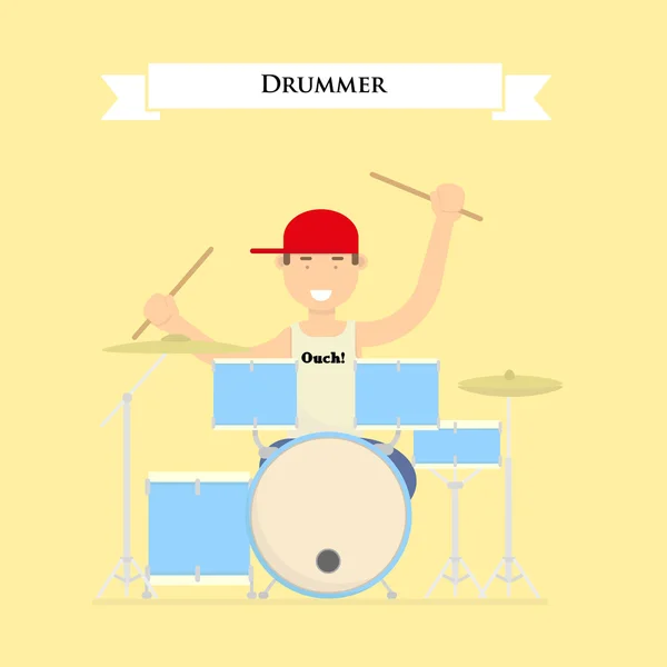 Drummer, speel de trommel, man spelen muziek-percussie — Stockvector