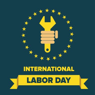 İşçi Bayramı logosu Poster, afiş, broşür veya el ilanı tasarımı ile şık metin 1 Mayıs Mutlu İşçi Bayramı yeşil arka plan üzerinde sarı ve beyaz tipografi yaratıcı sanat