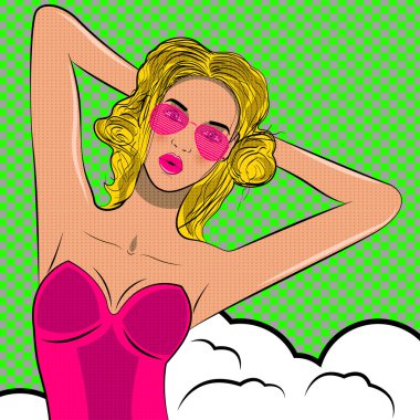 Pop art güzel kadın güneşlenme.