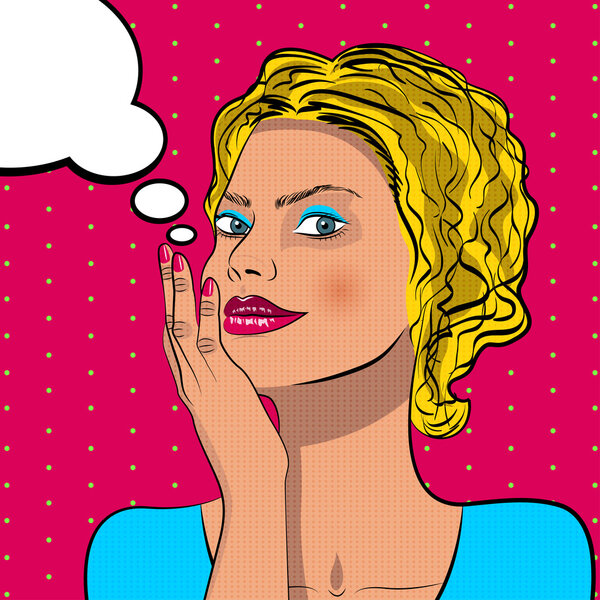 Thinking woman with speech bubble.