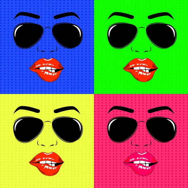 Set of vector girl face outline with sunglasses — Stock Vector