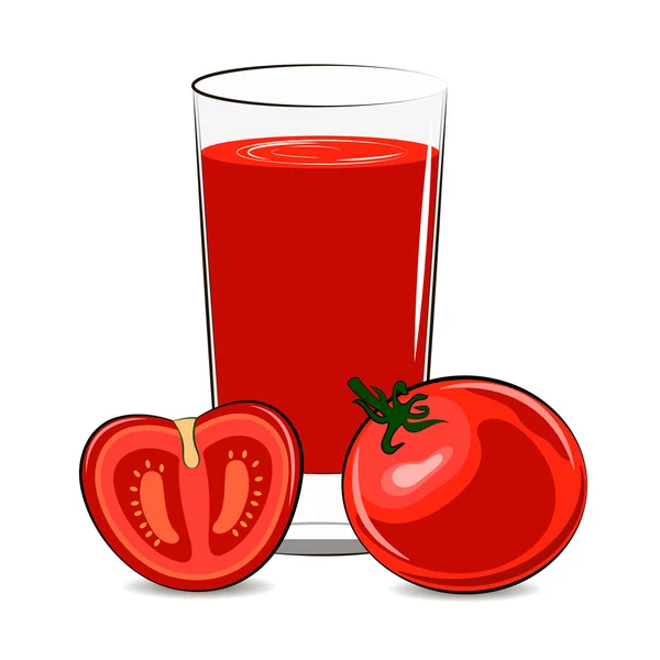 Свіжий помідор і склянка з соком . — стоковий вектор