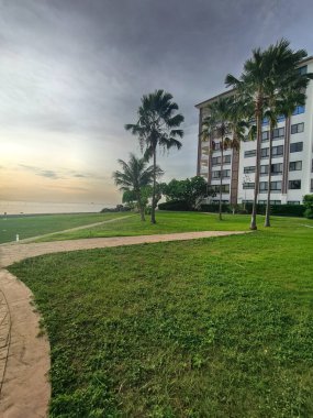 Palmiye ağaçları, okyanus manzarası ve yemyeşil çimenleri olan tropik bir tatil köyü..