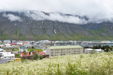 Isafjordur 'un Renkli Kasabası, İzlanda Yaz Dağları Bulutları Altında
