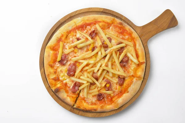 Concepto Comida Rápida Pizza Con Papas Fritas Aislado Blanco Comida — Foto de Stock