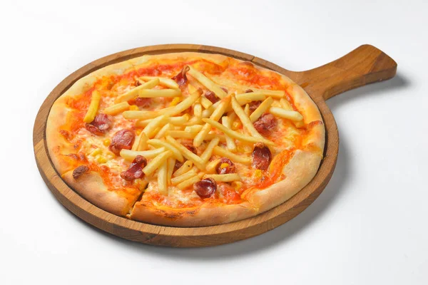 Conceito Comida Rápida Pizza Com Batatas Fritas Isolado Branco Junk — Fotografia de Stock