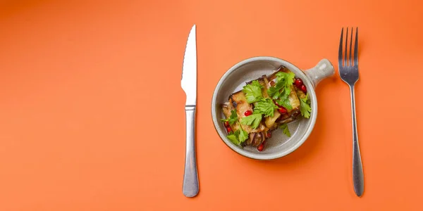 Egg Plant Rolls Meat Pomegranate Seeds Served Bowl Knife Fork — Stock Photo, Image