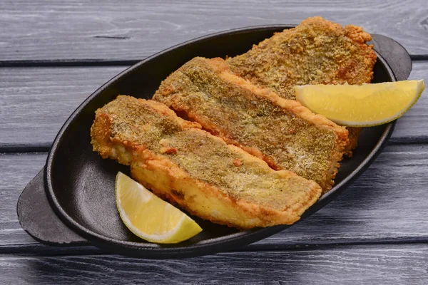 Fried Fish Piece Lemon Rustic Wooden Table Delicious Idea Dinner — Stock Photo, Image