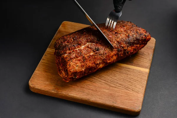 Saftig Tjock Saftig Grillad Filé Biff Serveras Gammal Träskiva Över — Stockfoto