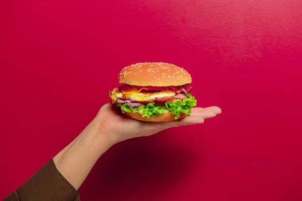 Hambúrguer Grelhado Carne Caseira Uma Mão Sobre Fundo Vermelho Brilhante — Fotografia de Stock