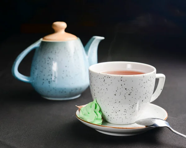 Tea Cup Tea Pot Black Background Tea Time Close — Stock Photo, Image